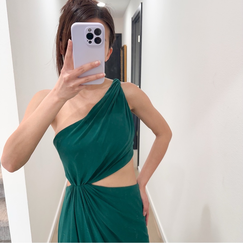 Mac Duggal Green One-Shoulder Gown with Side Slit 2 - Picture 3 of 6